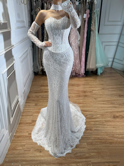 Luxury White Off the Shoulder Beaded Lace Mermaid Bridal Gown LA73878 SERENE HILL