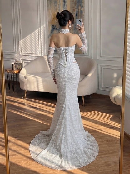 Luxury White Off the Shoulder Beaded Lace Mermaid Bridal Gown LA73878 SERENE HILL