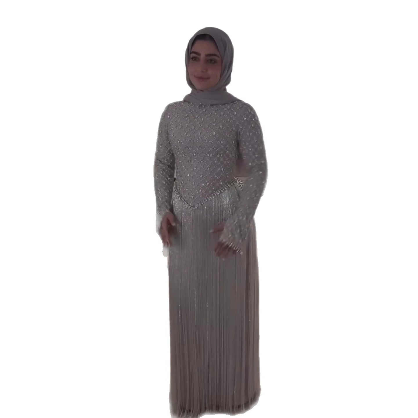 Luxury Silver High Neck Crystal Beaded Fringe Evening Dress LA73879 SERENE HILL