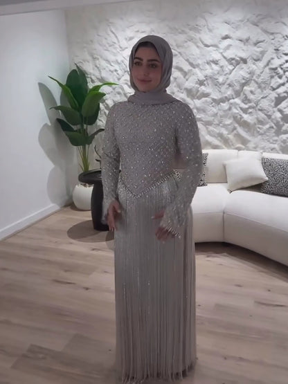 Luxury Silver High Neck Crystal Beaded Fringe Evening Dress LA73879 SERENE HILL