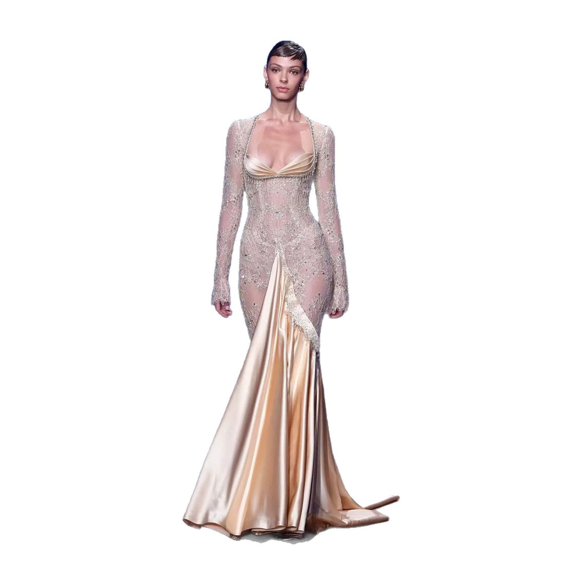 Luxury Champagne Long Sleeves Beaded Satin Mermaid Evening Dress LA73881 SERENE HILL