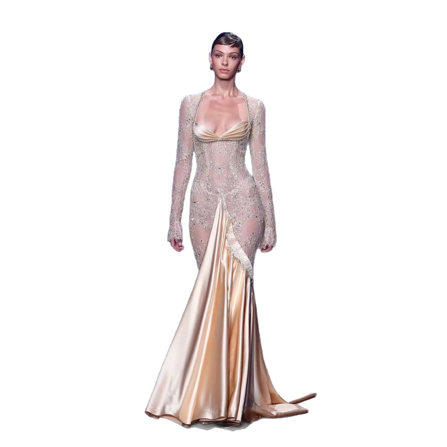 Luxury Champagne Long Sleeves Beaded Satin Mermaid Evening Dress LA73881 SERENE HILL