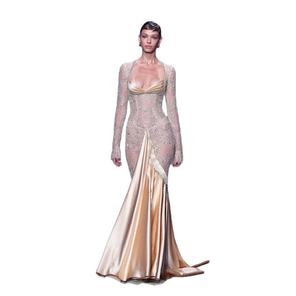 Luxury Champagne Long Sleeves Beaded Satin Mermaid Evening Dress LA73881 SERENE HILL
