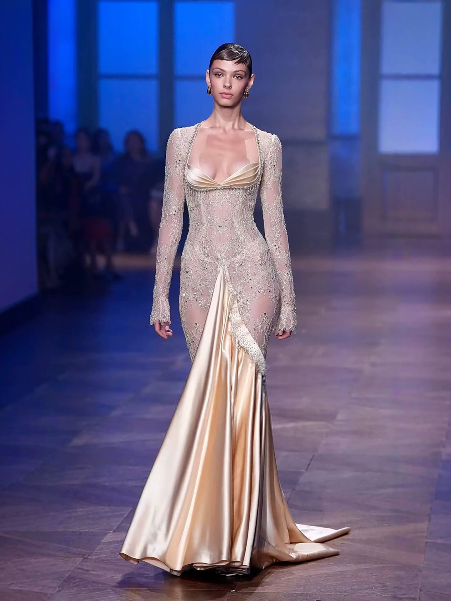 Luxury Champagne Long Sleeves Beaded Satin Mermaid Evening Dress LA73881 SERENE HILL