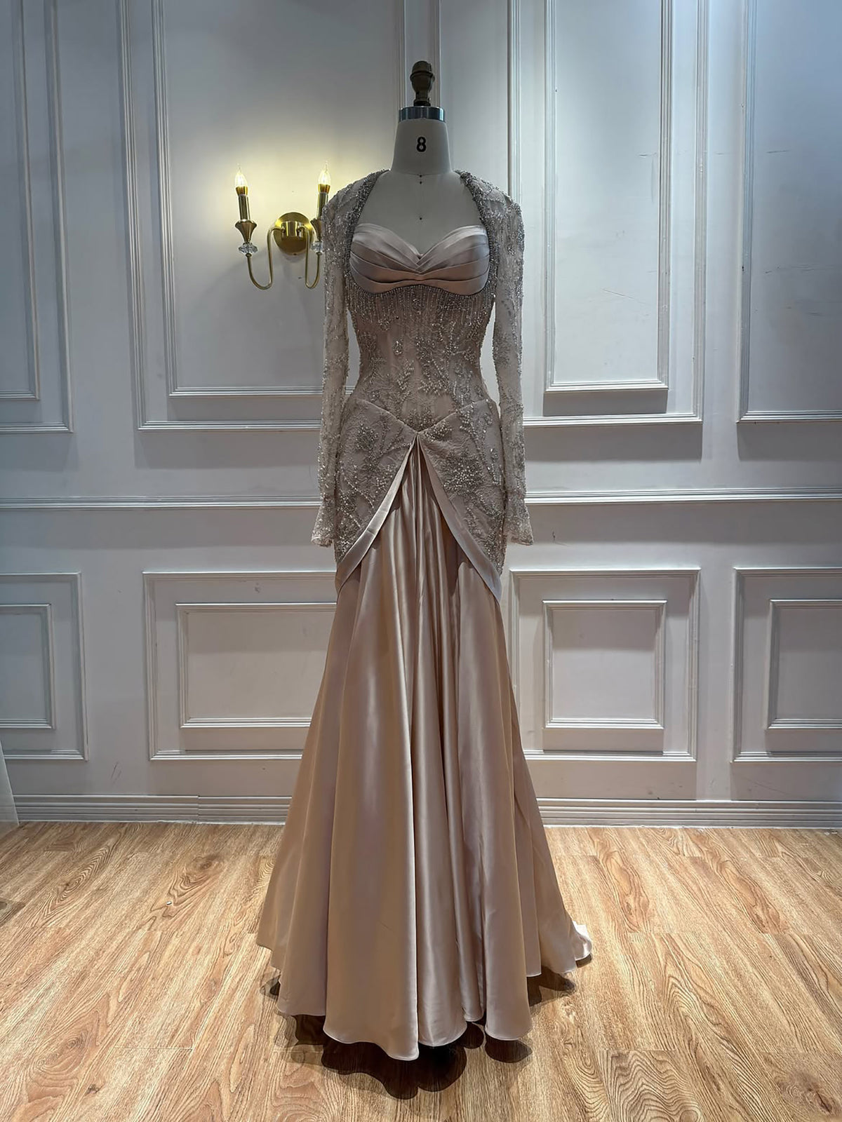 Luxury Champagne Long Sleeves Beaded Satin Mermaid Evening Dress LA73881