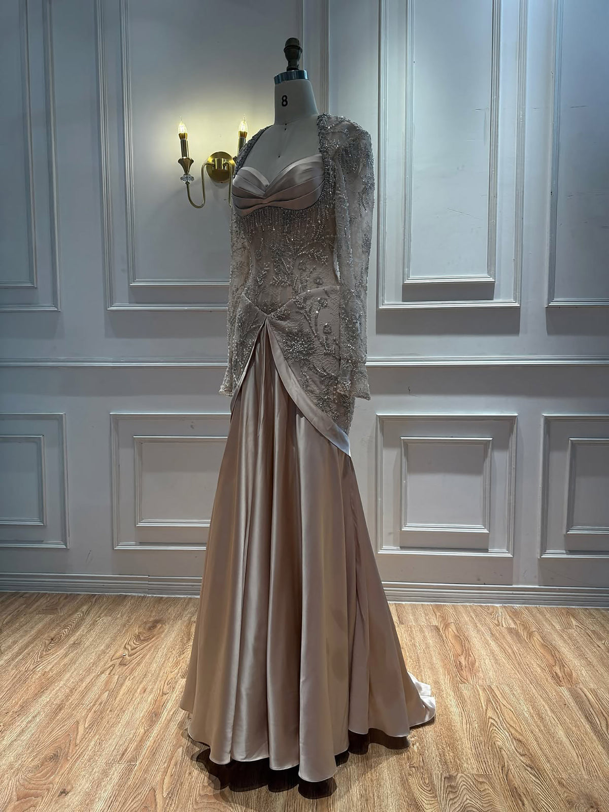 Luxury Champagne Long Sleeves Beaded Satin Mermaid Evening Dress LA73881