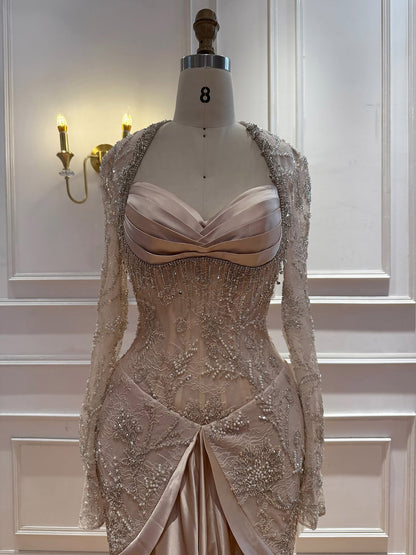 Luxury Champagne Long Sleeves Beaded Satin Mermaid Evening Dress LA73881