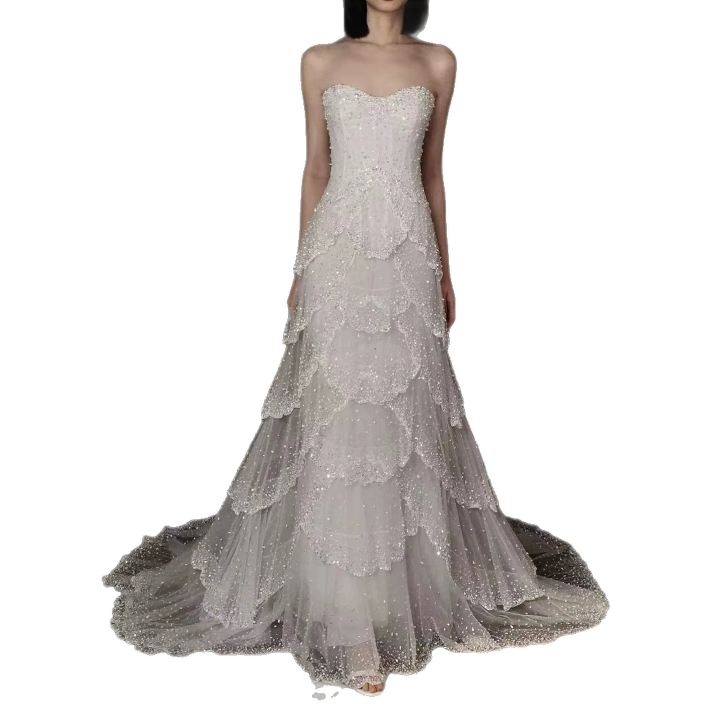Luxury White Strapless Beaded Tiered Mermaid Wedding Dress LA73883 SERENE HILL