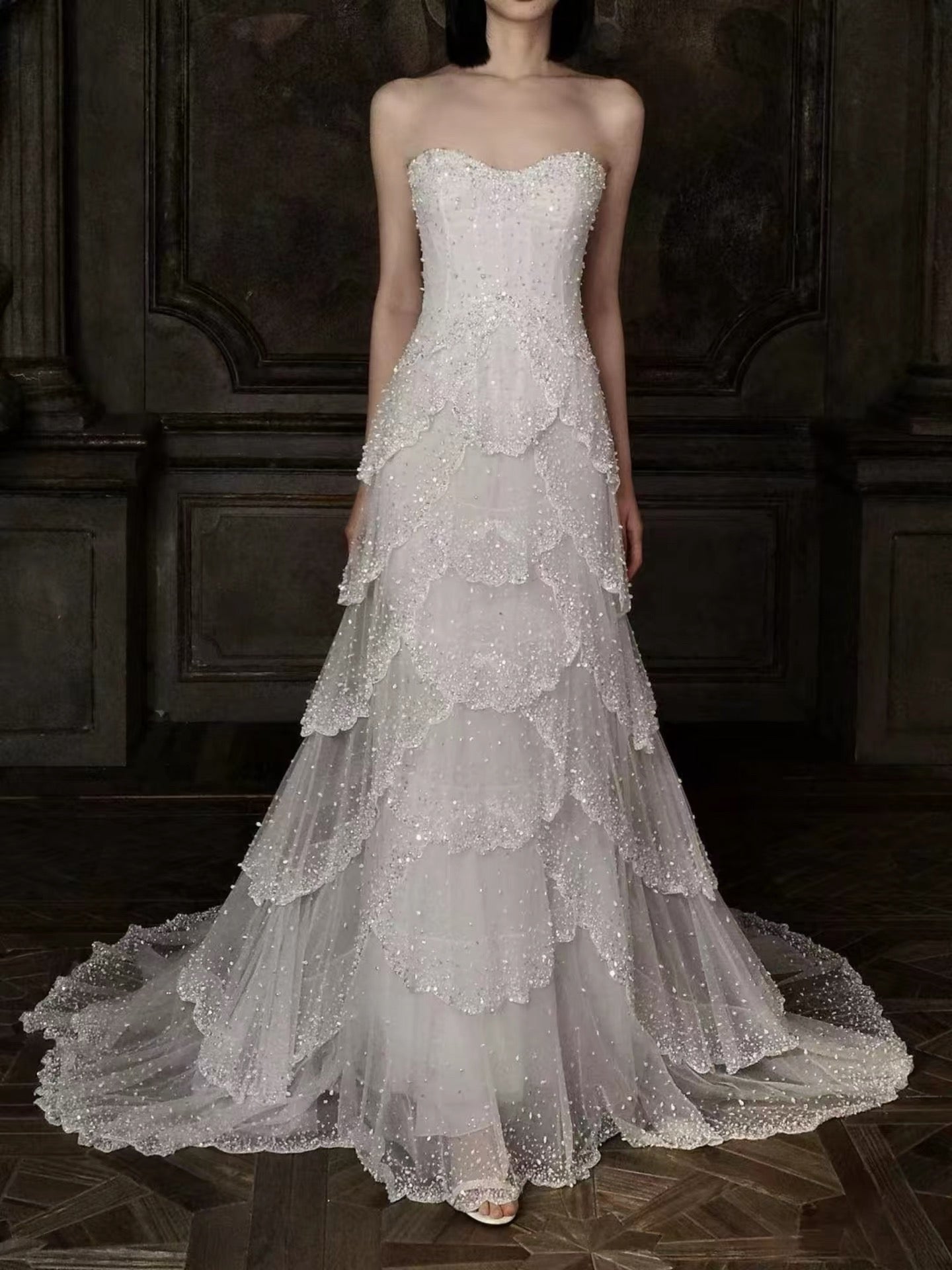 Luxury White Strapless Beaded Tiered Mermaid Wedding Dress LA73883 SERENE HILL