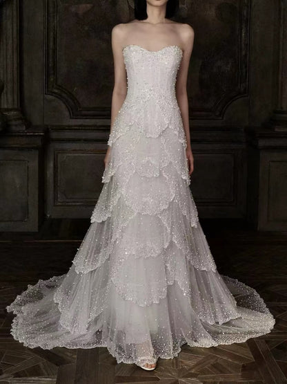 Luxury White Strapless Beaded Tiered Mermaid Wedding Dress LA73883 SERENE HILL