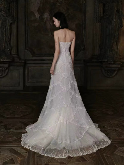 Luxury White Strapless Beaded Tiered Mermaid Wedding Dress LA73883 SERENE HILL