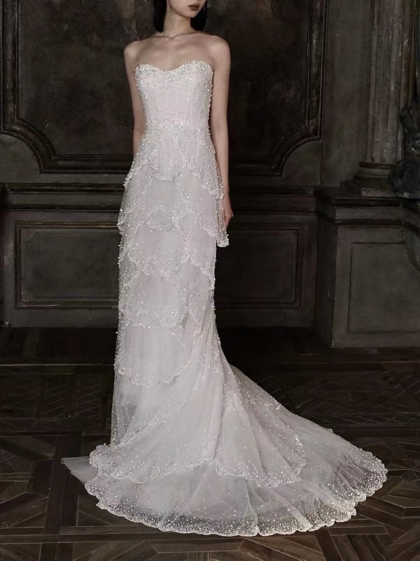 Luxury White Strapless Beaded Tiered Mermaid Wedding Dress LA73883 SERENE HILL