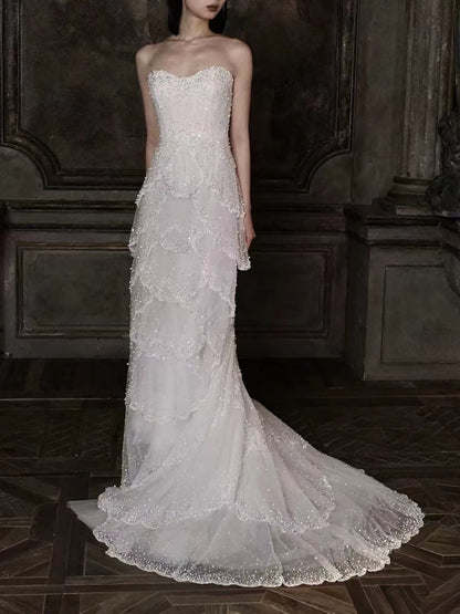 Luxury White Strapless Beaded Tiered Mermaid Wedding Dress LA73883 SERENE HILL