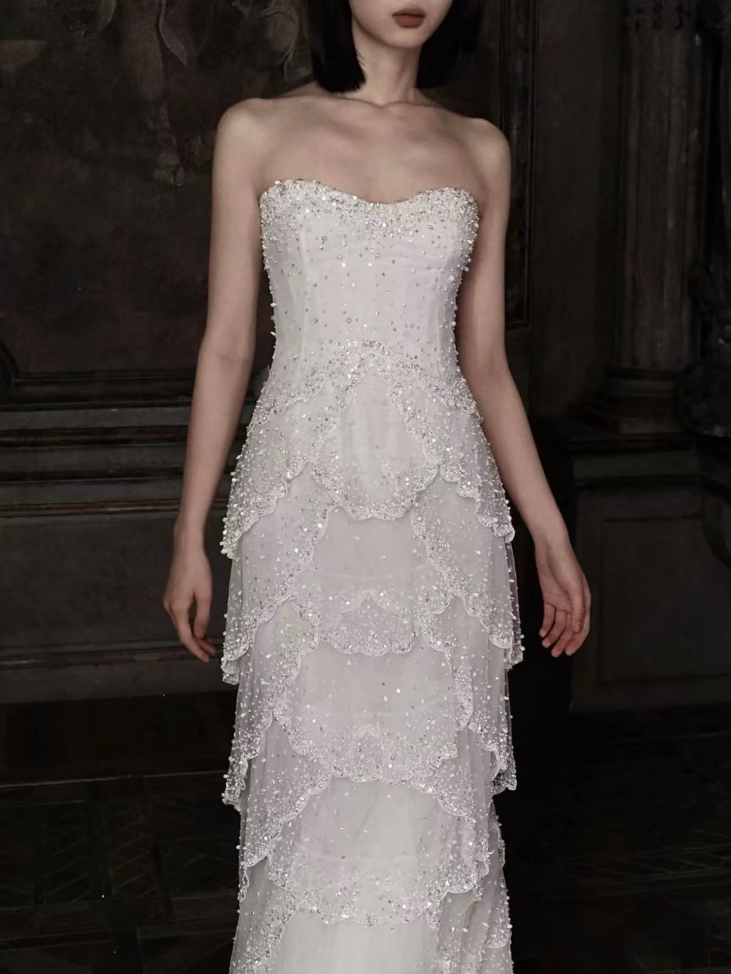 Luxury White Strapless Beaded Tiered Mermaid Wedding Dress LA73883 SERENE HILL