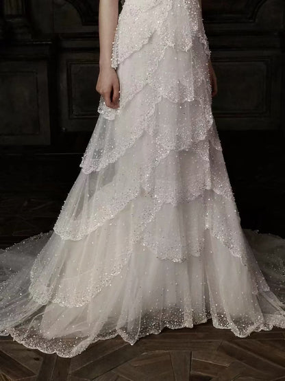 Luxury White Strapless Beaded Tiered Mermaid Wedding Dress LA73883 SERENE HILL