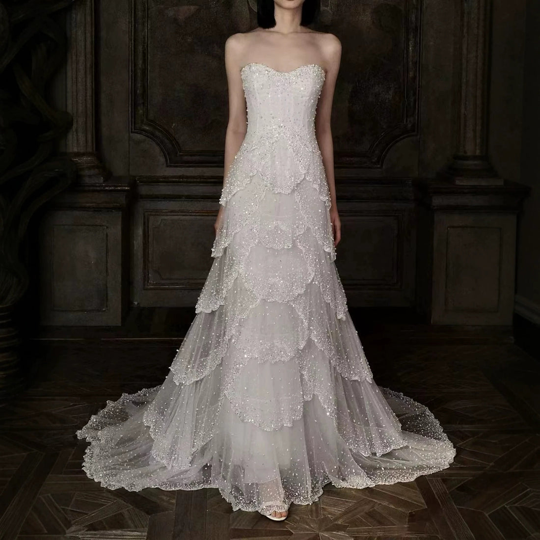Luxury White Strapless Beaded Tiered Mermaid Wedding Dress LA73883 SERENE HILL