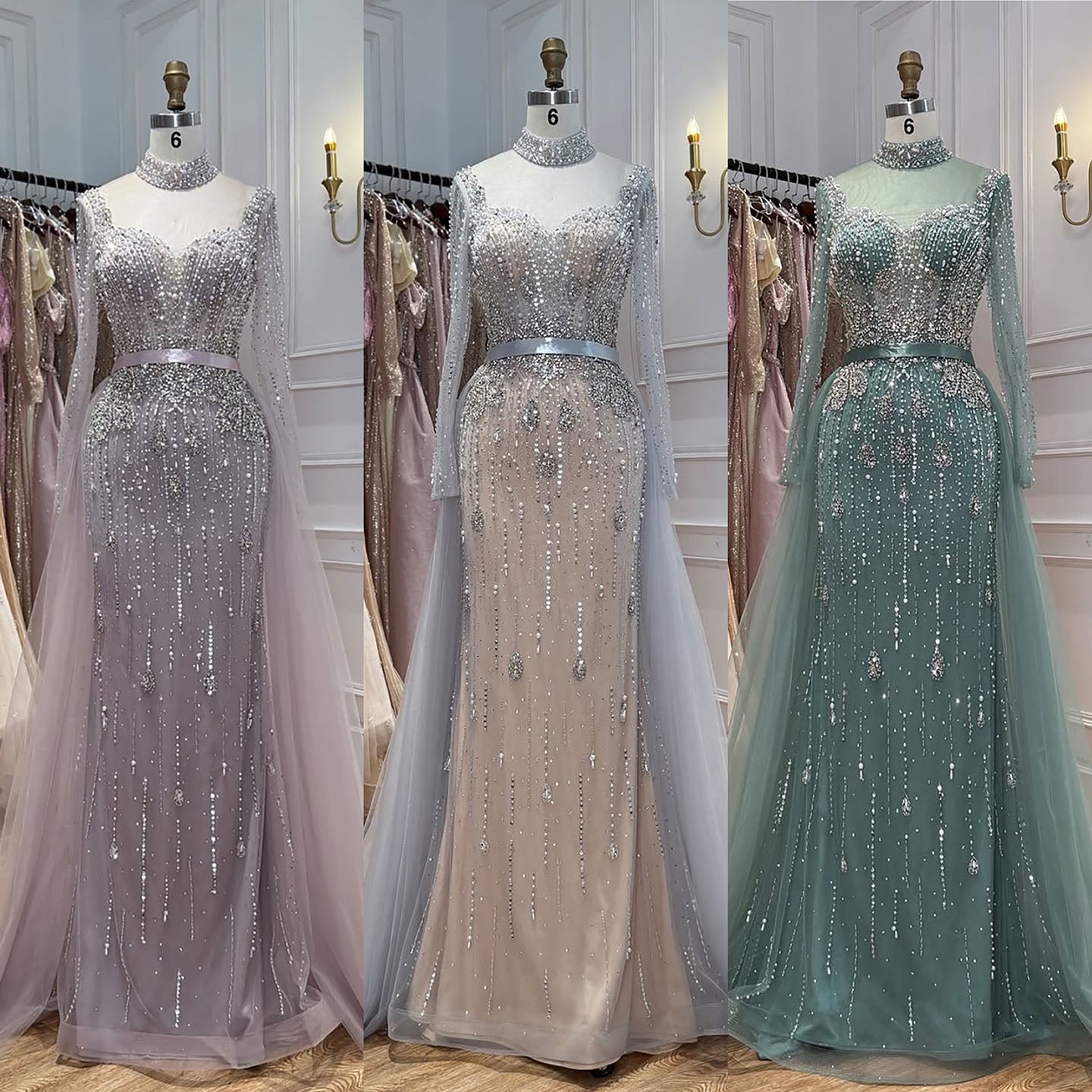 Luxury Gray Nude Pearls Beaded Mermaid Evening Dress Overskirt LA73884 SERENE HILL