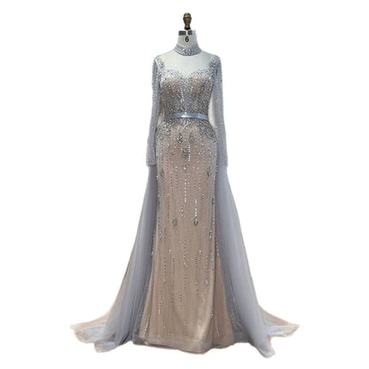 Luxury Gray Nude Pearls Beaded Mermaid Evening Dress Overskirt LA73884 SERENE HILL
