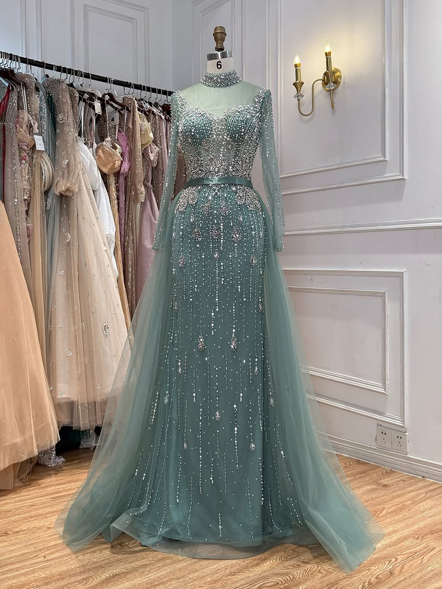 Luxury Gray Nude Pearls Beaded Mermaid Evening Dress Overskirt LA73884 SERENE HILL