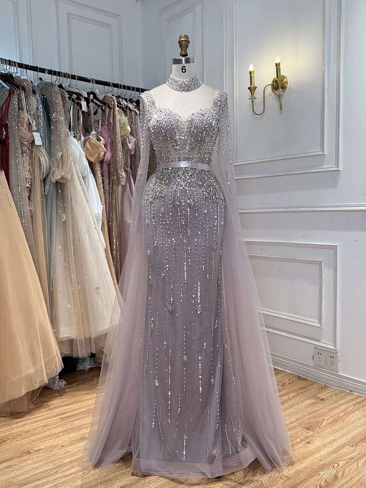 Luxury Gray Nude Pearls Beaded Mermaid Evening Dress Overskirt LA73884 SERENE HILL