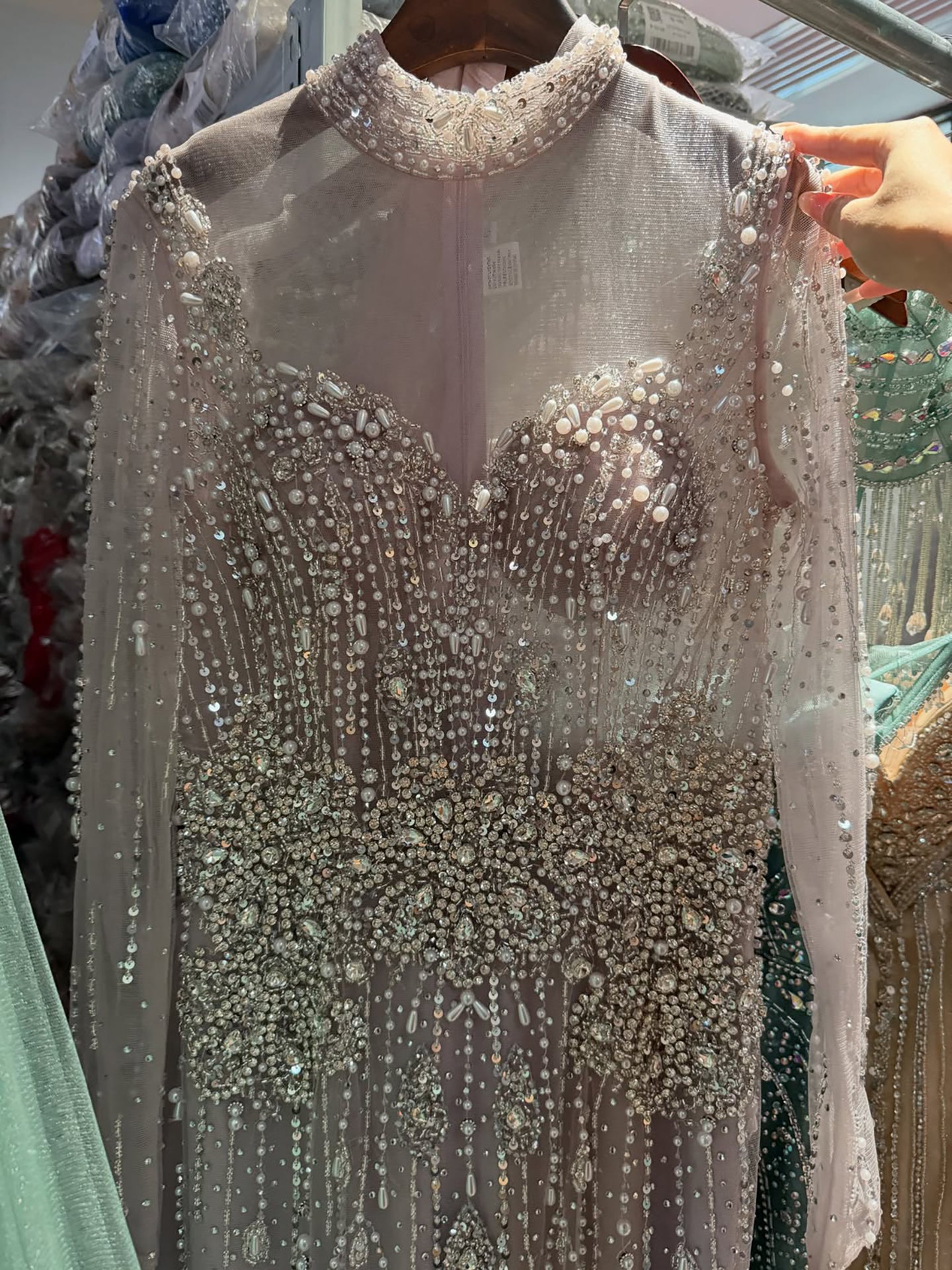 Luxury Gray Nude Pearls Beaded Mermaid Evening Dress Overskirt LA73884 SERENE HILL