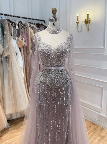 Luxury Gray Nude Pearls Beaded Mermaid Evening Dress Overskirt LA73884 SERENE HILL