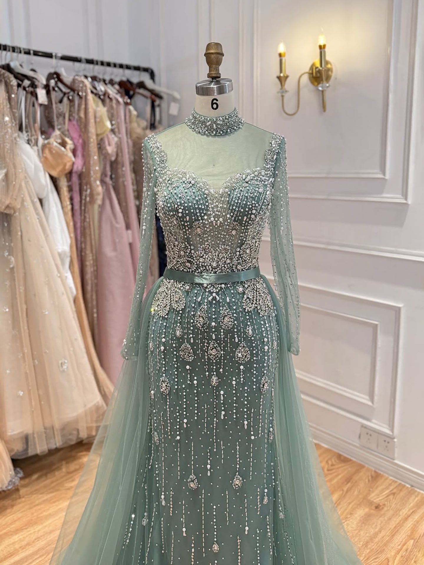 Luxury Gray Nude Pearls Beaded Mermaid Evening Dress Overskirt LA73884 SERENE HILL