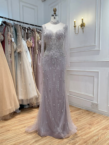 Luxury Gray Nude Pearls Beaded Mermaid Evening Dress Overskirt LA73884 SERENE HILL
