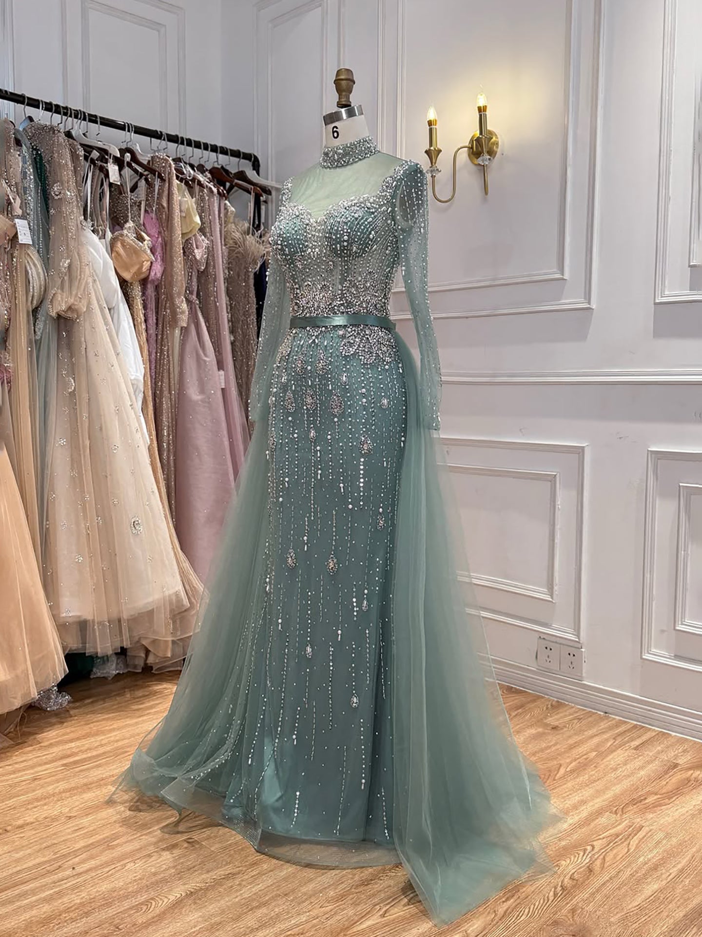 Luxury Gray Nude Pearls Beaded Mermaid Evening Dress Overskirt LA73884 SERENE HILL