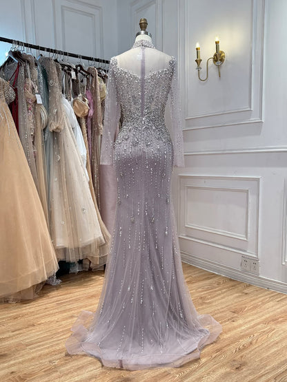 Luxury Gray Nude Pearls Beaded Mermaid Evening Dress Overskirt LA73884 SERENE HILL