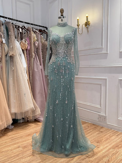 Luxury Gray Nude Pearls Beaded Mermaid Evening Dress Overskirt LA73884 SERENE HILL