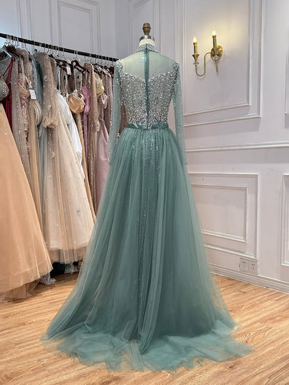 Luxury Gray Nude Pearls Beaded Mermaid Evening Dress Overskirt LA73884 SERENE HILL