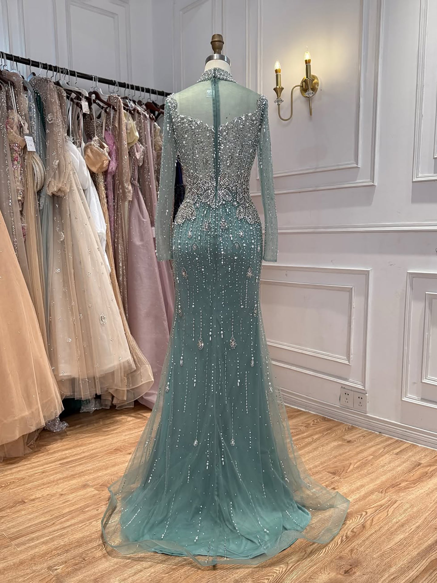 Luxury Gray Nude Pearls Beaded Mermaid Evening Dress Overskirt LA73884 SERENE HILL