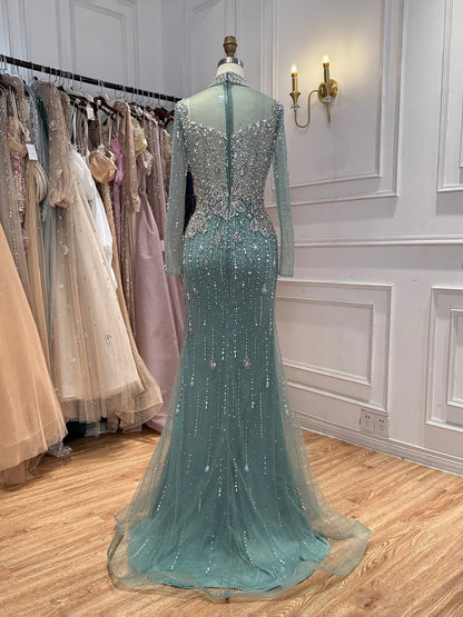 Luxury Gray Nude Pearls Beaded Mermaid Evening Dress Overskirt LA73884 SERENE HILL