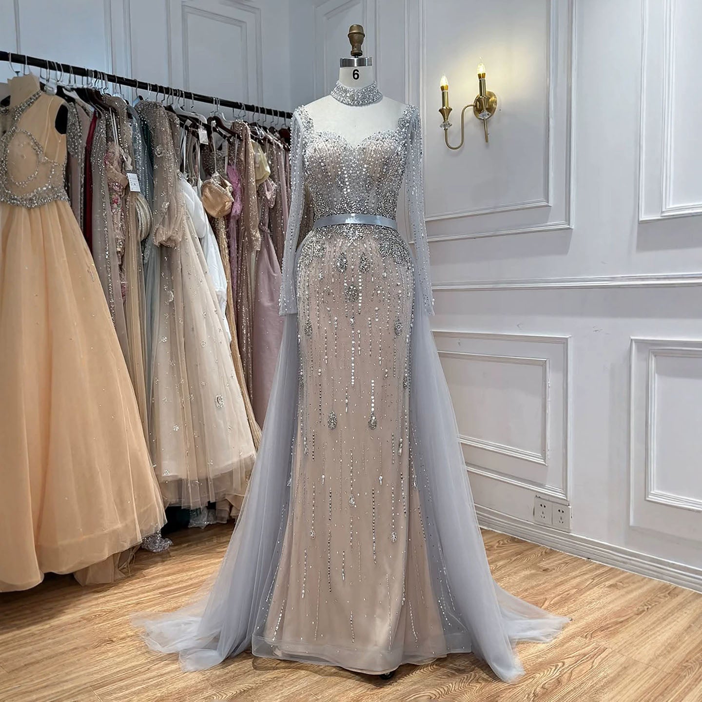 Luxury Gray Nude Pearls Beaded Mermaid Evening Dress Overskirt LA73884 SERENE HILL
