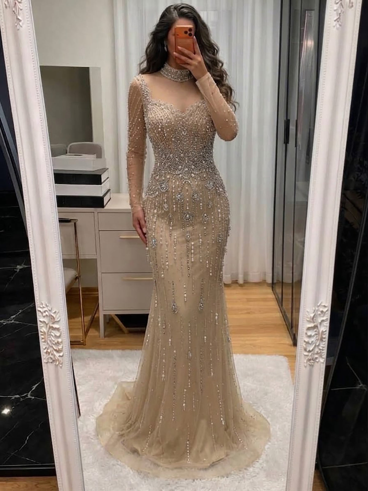 Luxury Modest Gray Nude Pearls Beaded Mermaid Evening Dress Overskirt LA73884