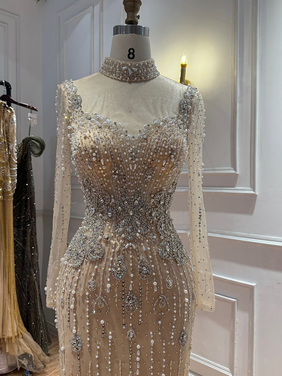 Luxury Modest Gray Nude Pearls Beaded Mermaid Evening Dress Overskirt LA73884