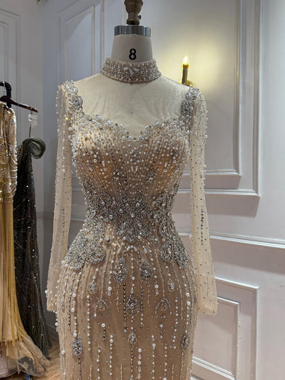 Luxury Modest Gray Nude Pearls Beaded Mermaid Evening Dress Overskirt LA73884