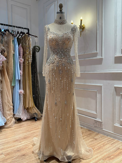 Luxury Modest Gray Nude Pearls Beaded Mermaid Evening Dress Overskirt LA73884