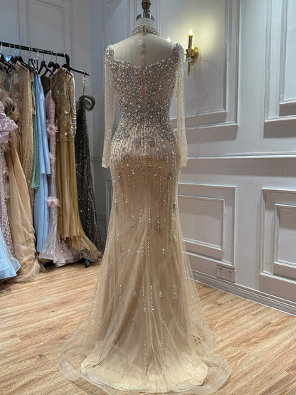Luxury Modest Gray Nude Pearls Beaded Mermaid Evening Dress Overskirt LA73884