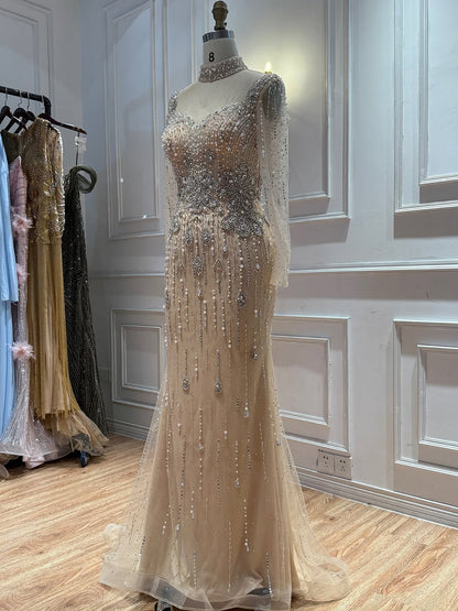 Luxury Modest Gray Nude Pearls Beaded Mermaid Evening Dress Overskirt LA73884