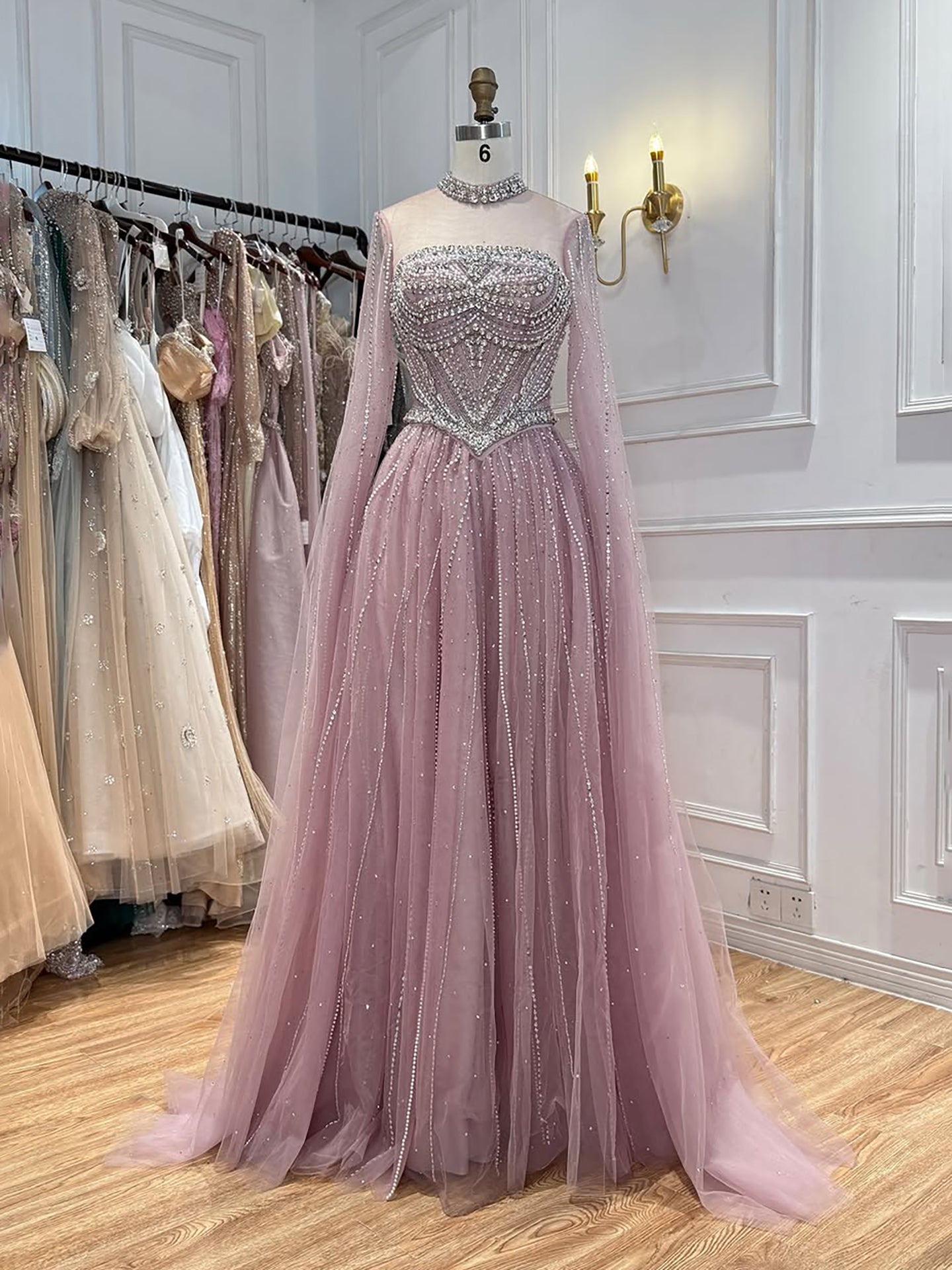 Luxury Pink High Neck Crystal Beaded A Line Evening Dress LA73885 SERENE HILL