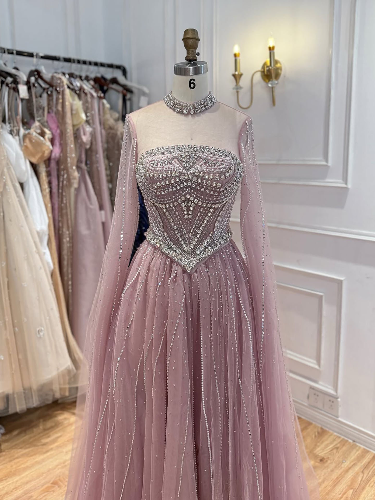 Luxury Pink High Neck Crystal Beaded A Line Evening Dress LA73885 SERENE HILL