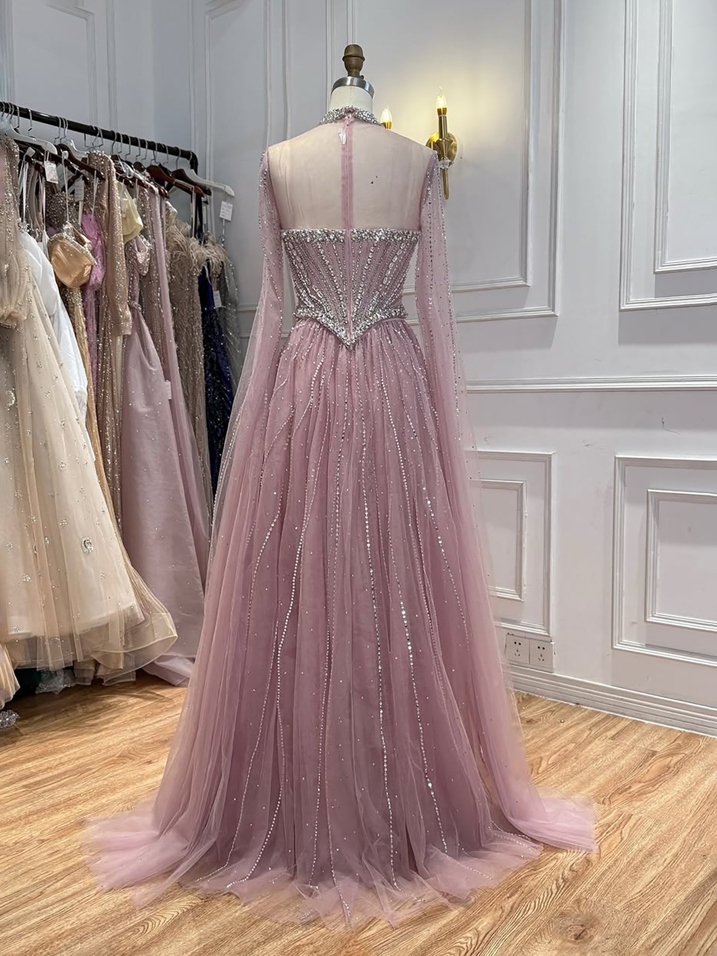Luxury Pink High Neck Crystal Beaded A Line Evening Dress LA73885 SERENE HILL