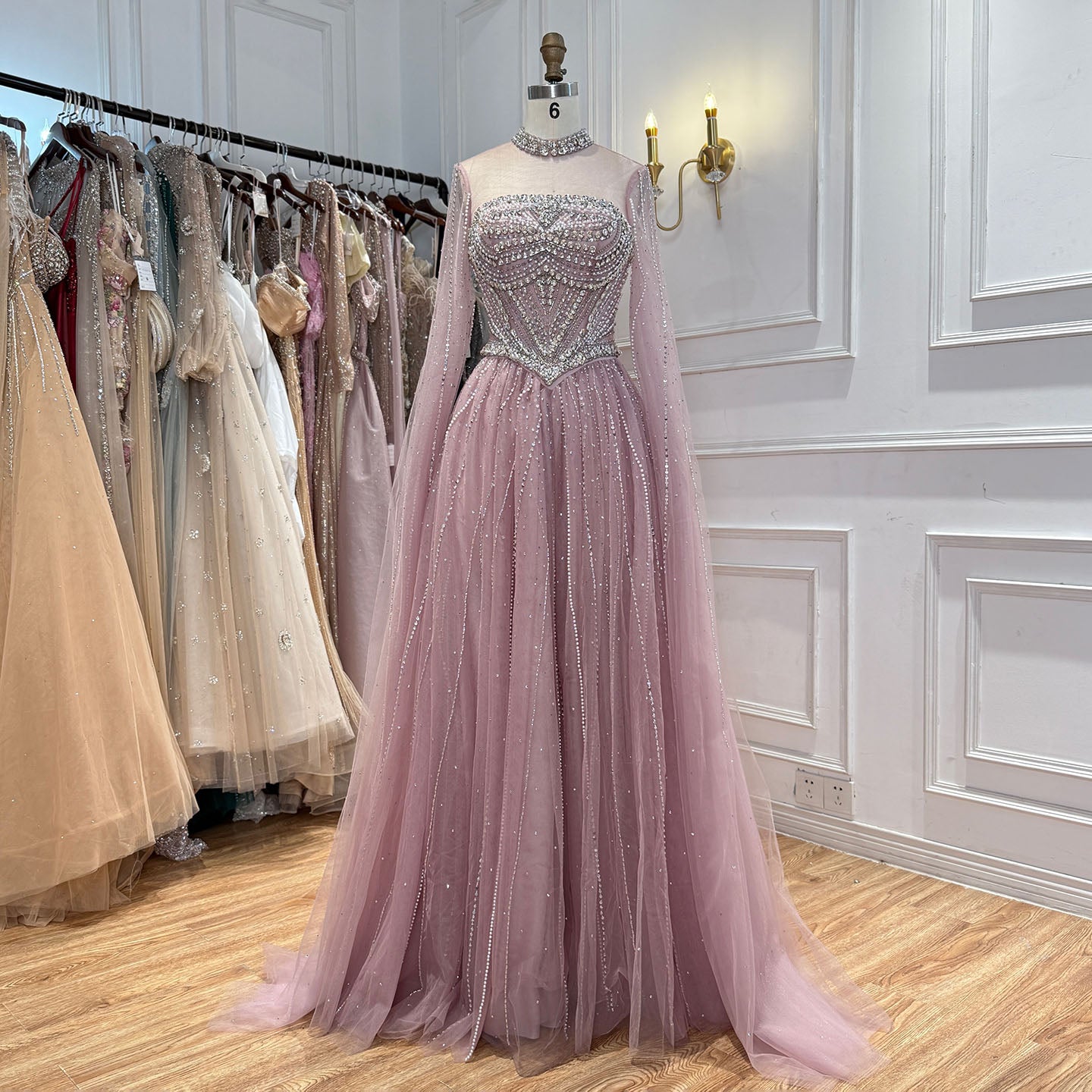 Luxury Pink High Neck Crystal Beaded A Line Evening Dress LA73885 SERENE HILL