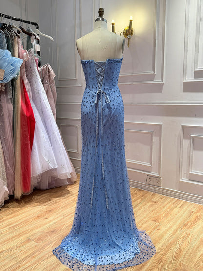 Luxury Blue Sweetheart Beaded Mermaid Evening Dress LA73886