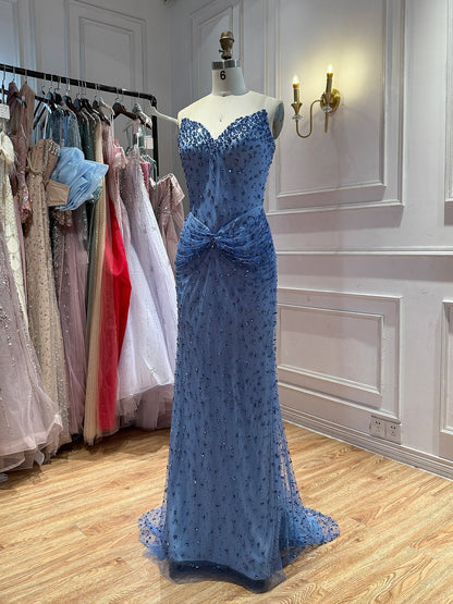 Luxury Blue Sweetheart Beaded Mermaid Evening Dress LA73886