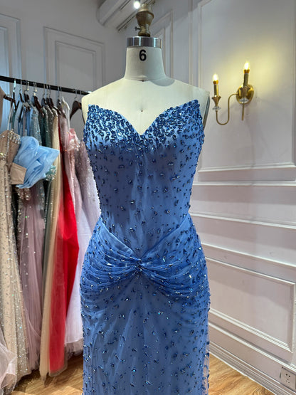 Luxury Blue Sweetheart Beaded Mermaid Evening Dress LA73886