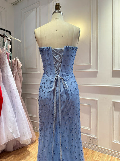 Luxury Blue Sweetheart Beaded Mermaid Evening Dress LA73886