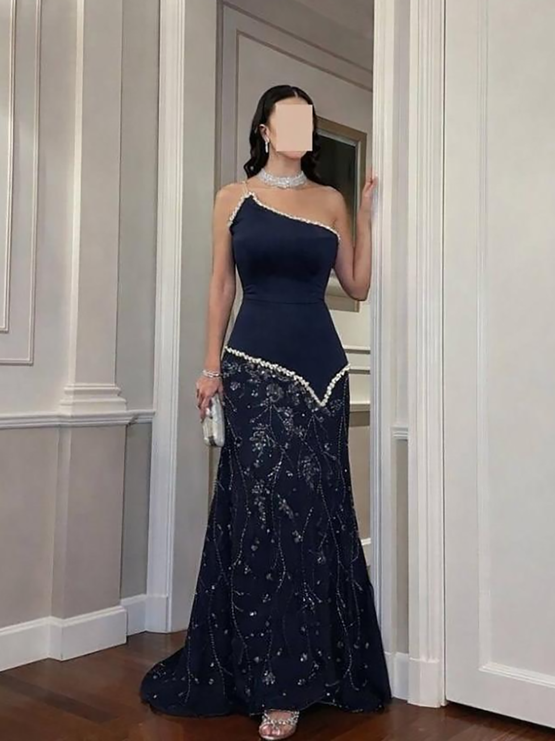 Luxury Navy Blue One Shoulder Pearl Beaded Mermaid Evening Dress LA73888 SERENE HILL